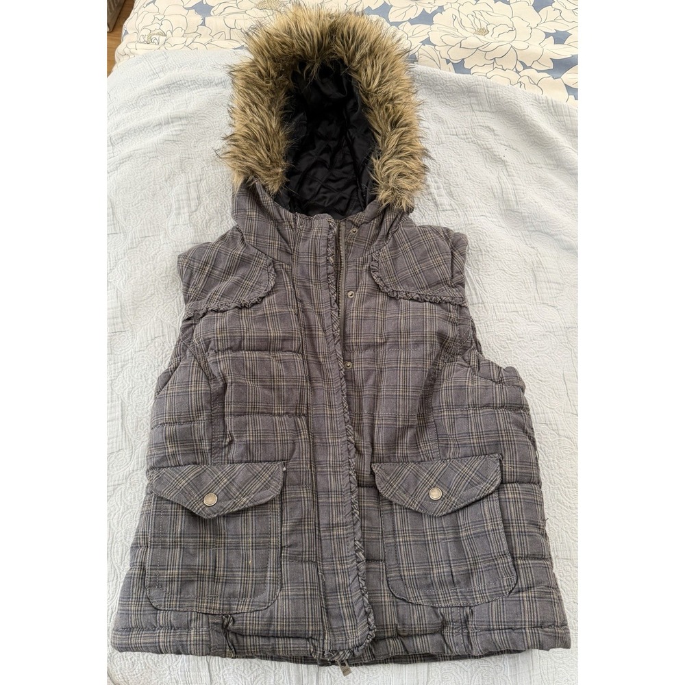 Aeropostale Vest Faux Fur Fuzzy Hood Y2K Plaid Grey Vintage Womens Size XL